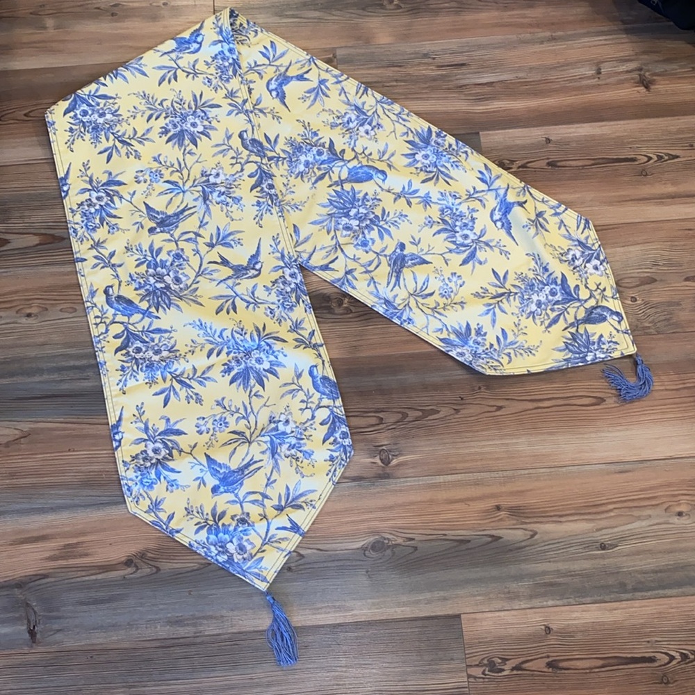 French Country Yellow and Blue Toile Table Runner with Tassels 6’ long Vintage - Picture 6 of 12